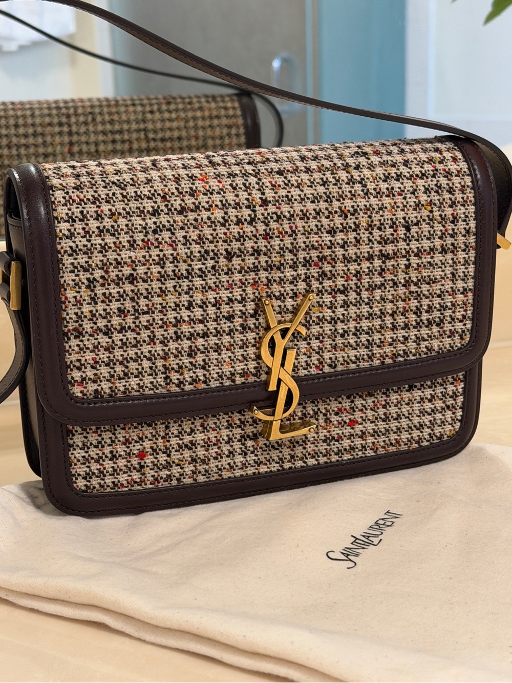 Saint Laurent Tweed Messenger Bag with Gold YSL Hardware - Brown/Beige